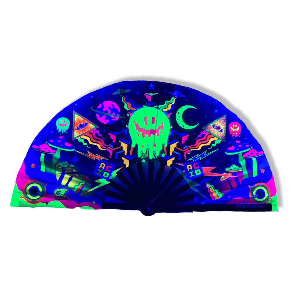 Trippy UFO Mushrooms And Acid Printing - UV Reflective Hand Fan