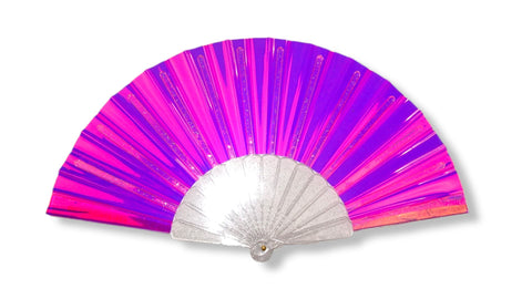 Mini Hand Fan - Clear Iridescent Multichrome (Hot Fire Pink) With Sparkly Ribs
