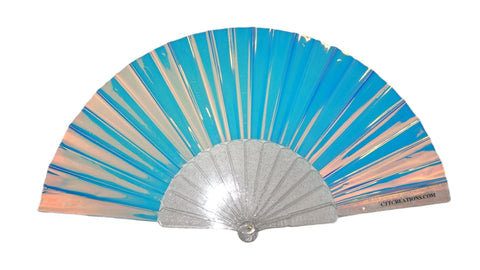 Mini Hand Fan - Clear Iridescent Multichrome (Pure White) With Sparkly Ribs