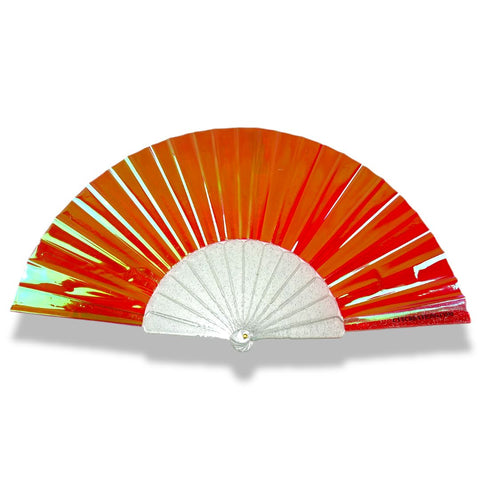 Mini Hand Fan - Clear Iridescent Multichrome (Red Scarlett) With Sparkly Ribs