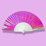 Mini Hand Fan - Clear Iridescent Multichrome (Hot Fire Pink) With Sparkly Ribs