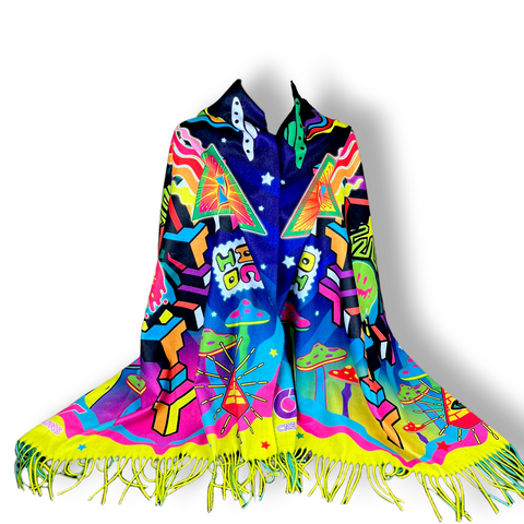 Trippy UFO Mushrooms And Acid Printing - Pashmina