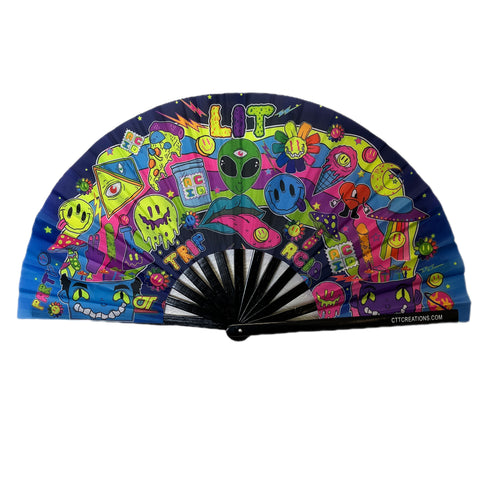 Trippy 2.0 UFO Mushrooms And Acid Printing -  UV Reflective Hand Fan